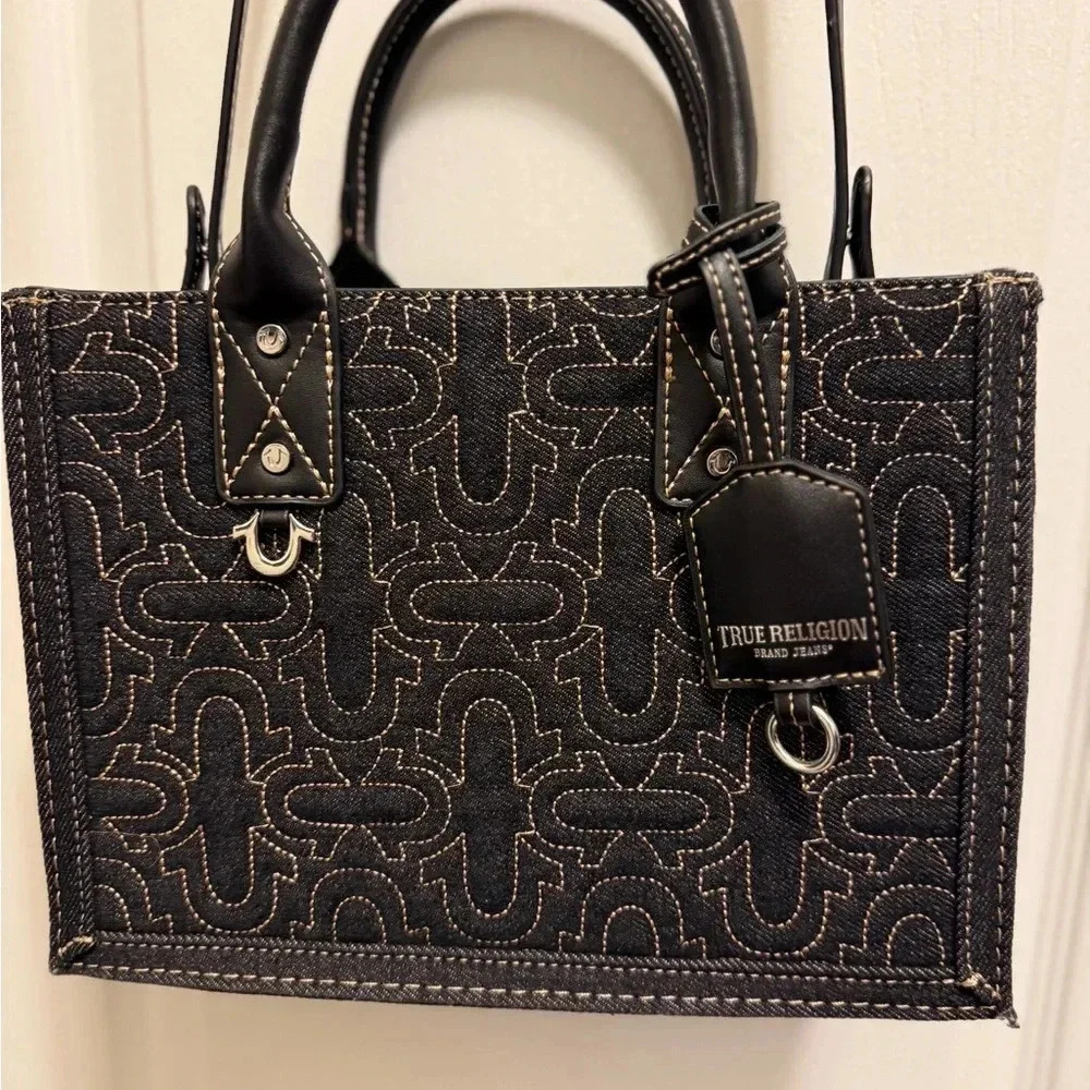 True Religion Black Denim Quilted Crossbody Tote